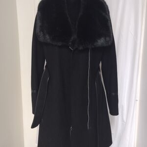 INC International Concepts Black Long Trench Coat with Faux Fur Collar